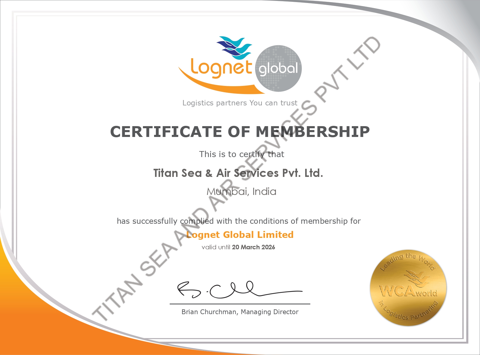 LOGNET GLOBAL Certificate
